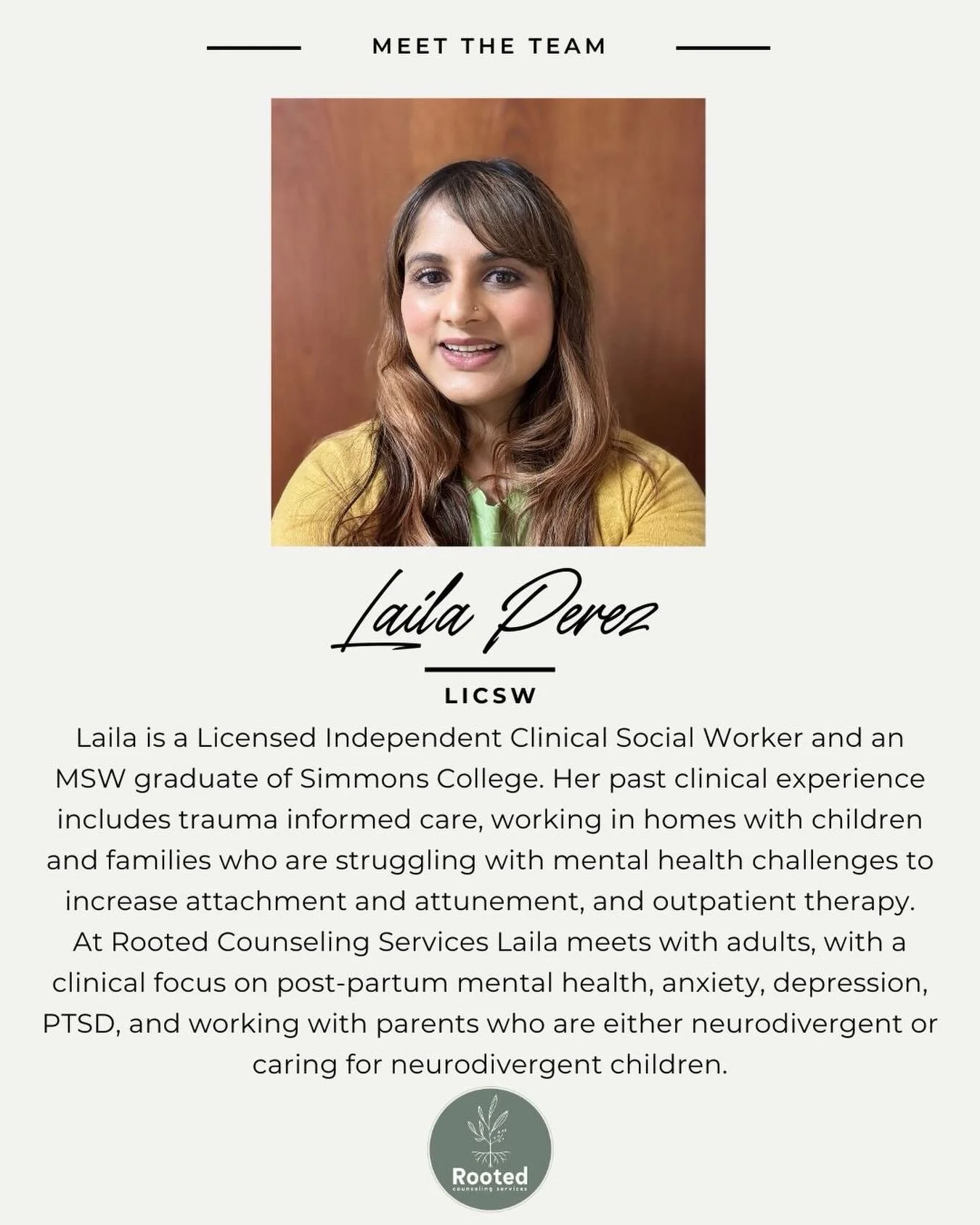 Meet Laila! 💚
Laila supports adults through anxiety, depression, postpartum mental health, PTSD, and parenting-related challenges. ❤️&zwj;🩹
#MeetTheTeam #TherapistSpotlight #MATherapist #MentalHealthSupport #RootedCounselingServices