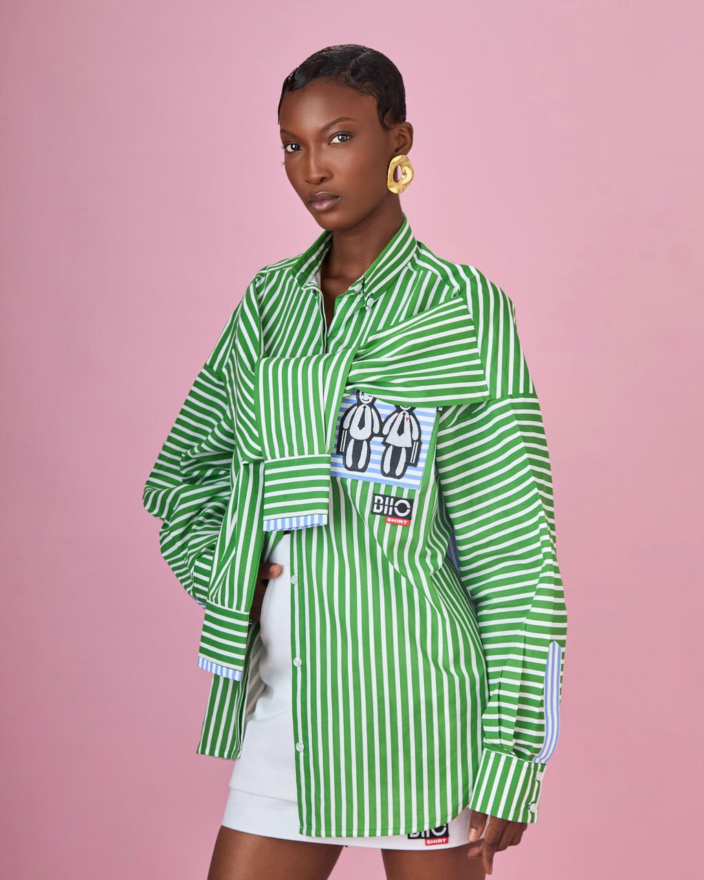 Two-Tone Green Stripe Tie-front Shirt
