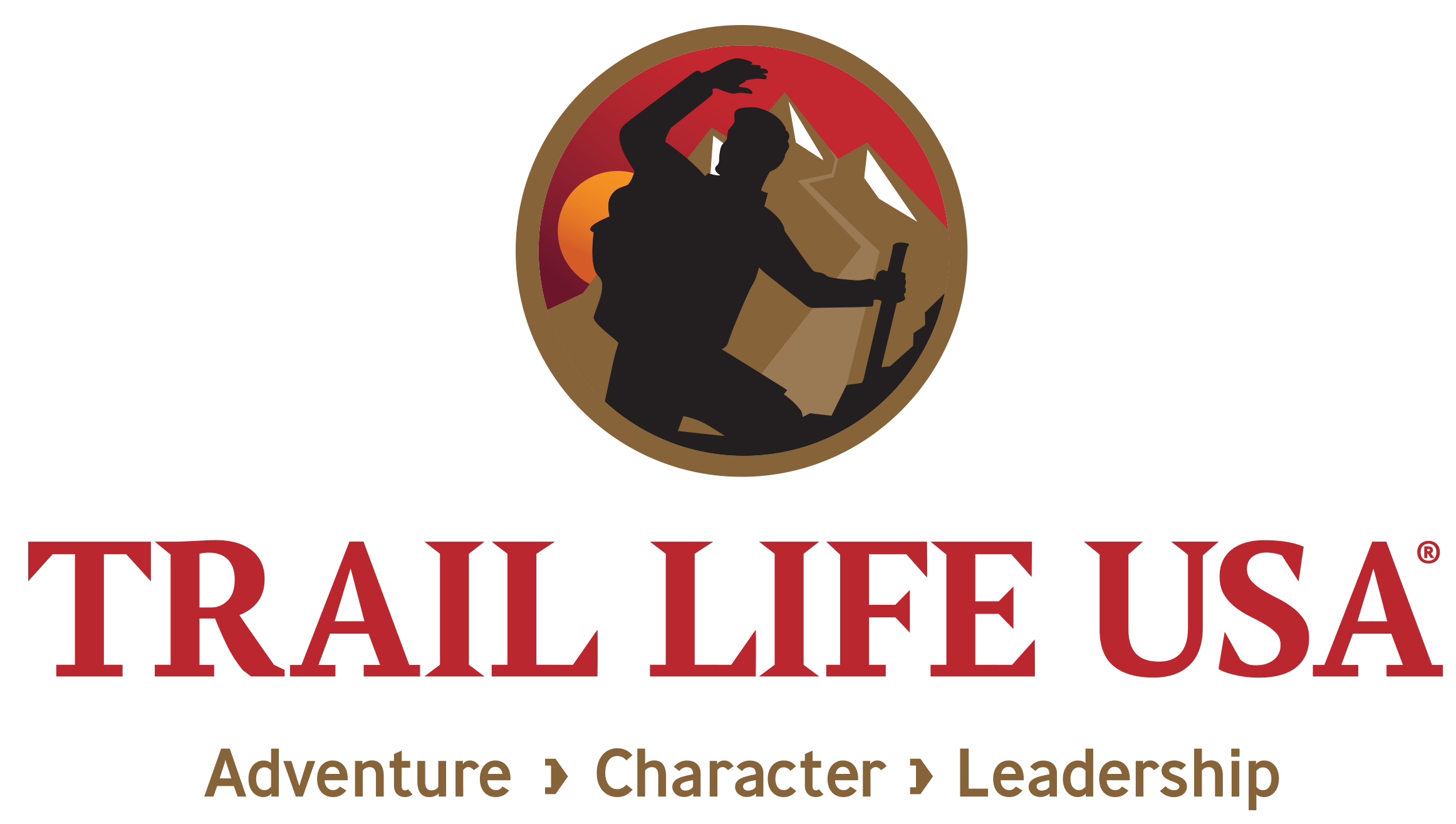Logo with a hiker silhouette, mountains, and sunset background, featuring the text "Trail Life USA" and words "Adventure, Character, Leadership" below it.