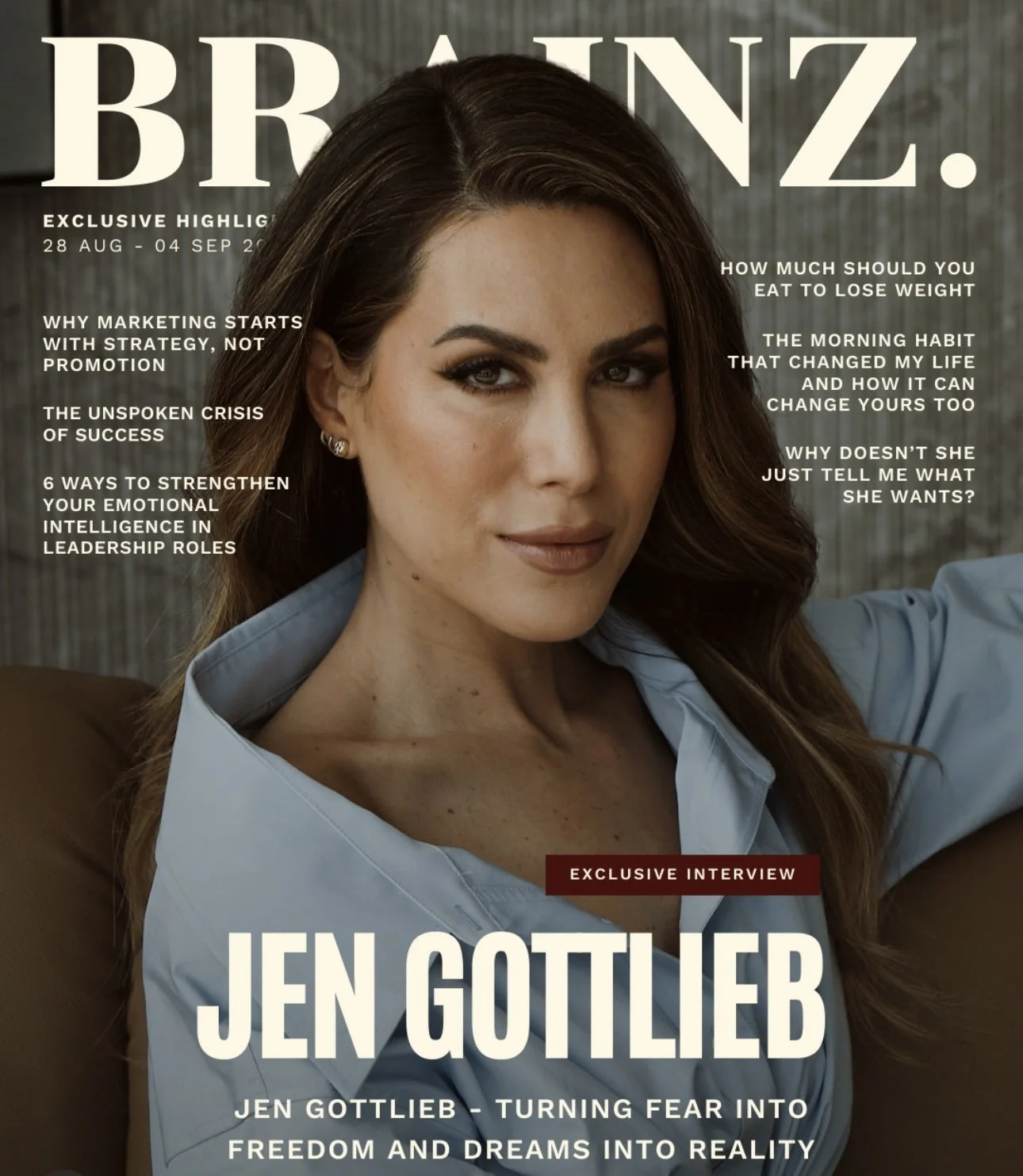 Magazine cover featuring Jen Gottlieb with text about her interview and other headlines related to success and personal growth. Styled By: Annebet Duvall
