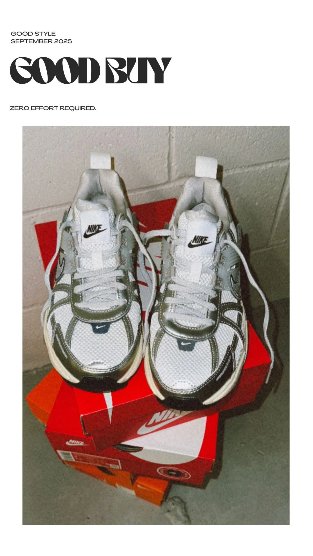 Pair of white and gray Nike sneakers on top of red Nike shoeboxes, placed against a cinder block wall. Good Buy, Good Style Newsletter by Annebet Duvall