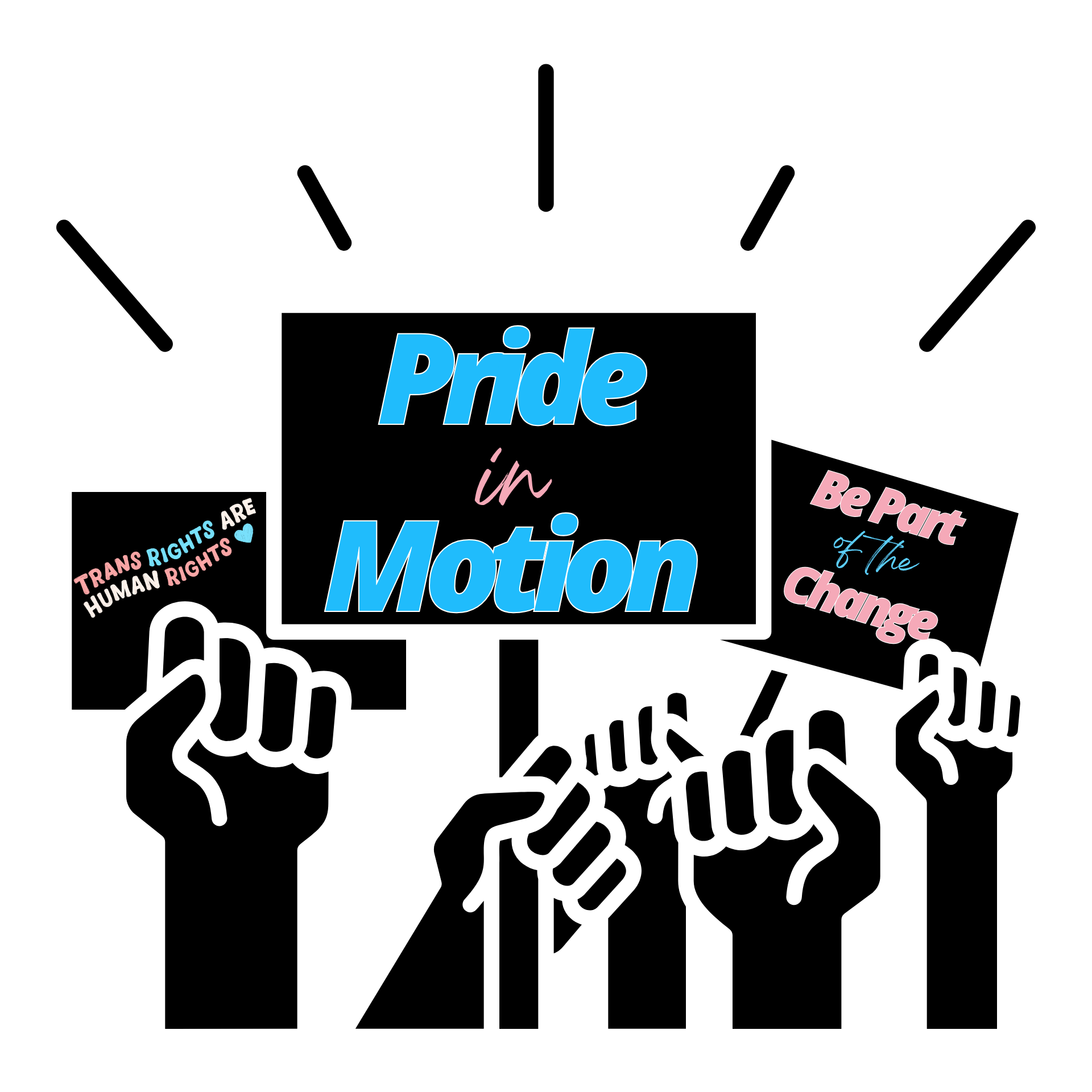 Text art with words and phrases related to social justice, equality, and pride, including words like 'Pride', 'Motion', 'Rights', 'Be Part of the Change', and 'Trans Rights are Human Rights' on a black background.