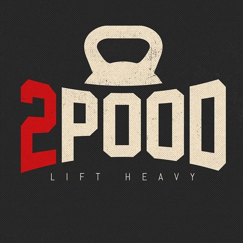 Graphic design featuring a kettlebell above the bold text '2 POOO'. The number '2' is in red, and the rest of the text is in white. Below, in smaller font, it says 'LIFT HEAVY' on a black background.