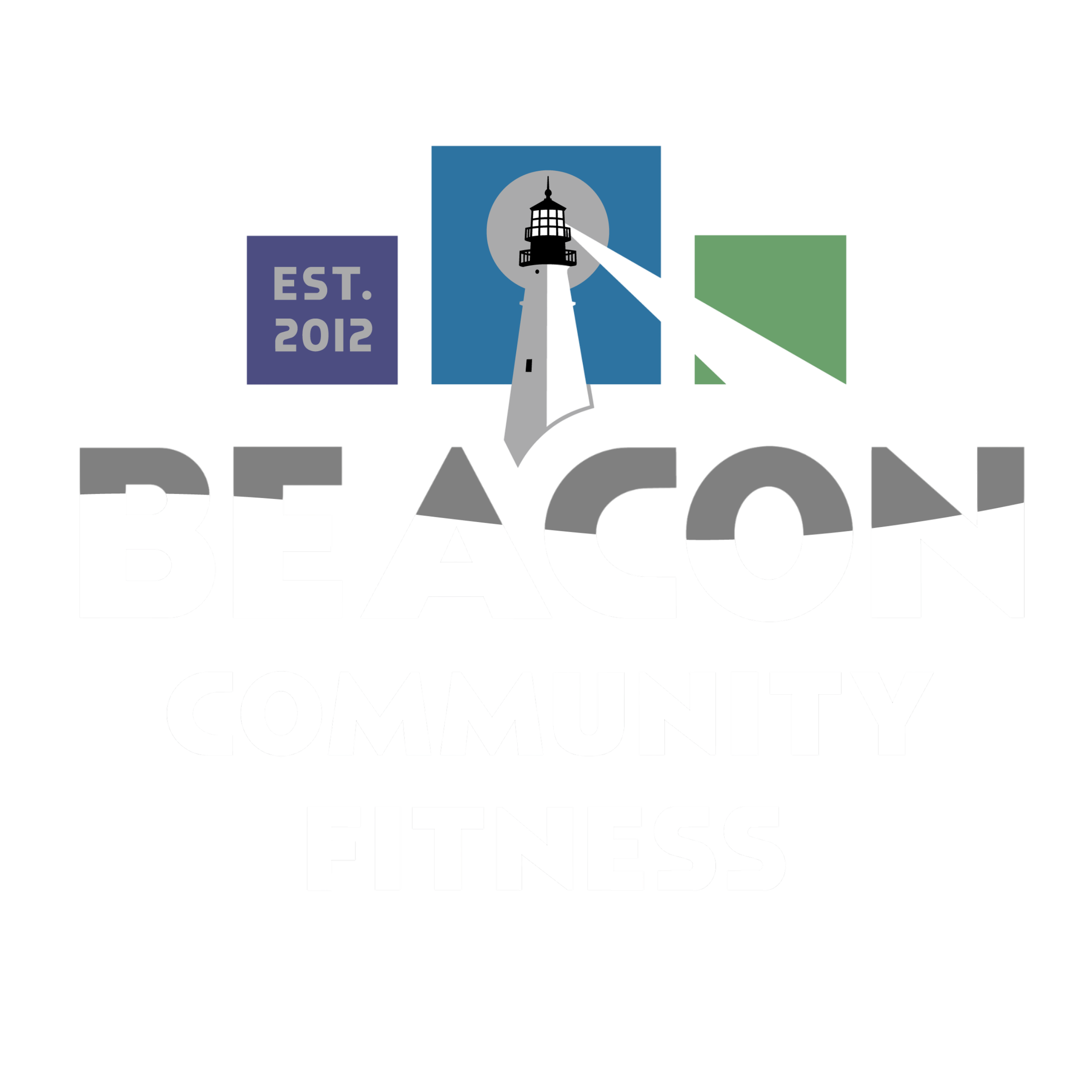 Logo for Beacon Community Fitness featuring a lighthouse, the text "EST. 2012", and the words "BEACON COMMUNITY FITNESS".