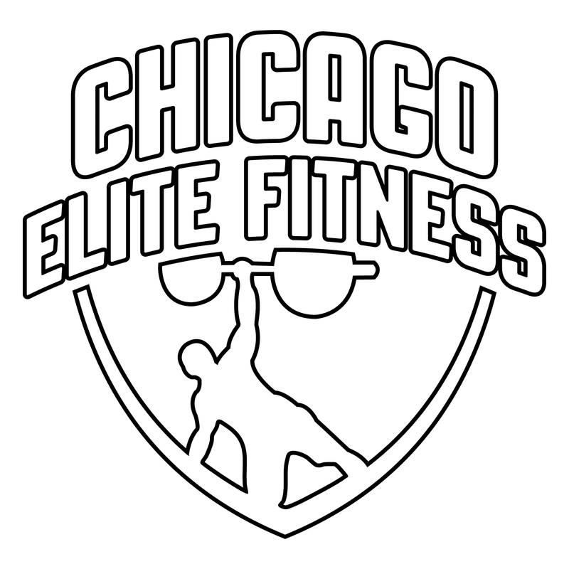 Logo for Chicago Elite Fitness with a shield shape, a dumbbell icon, and text indicating it's the home of Bucktown Crossfit.