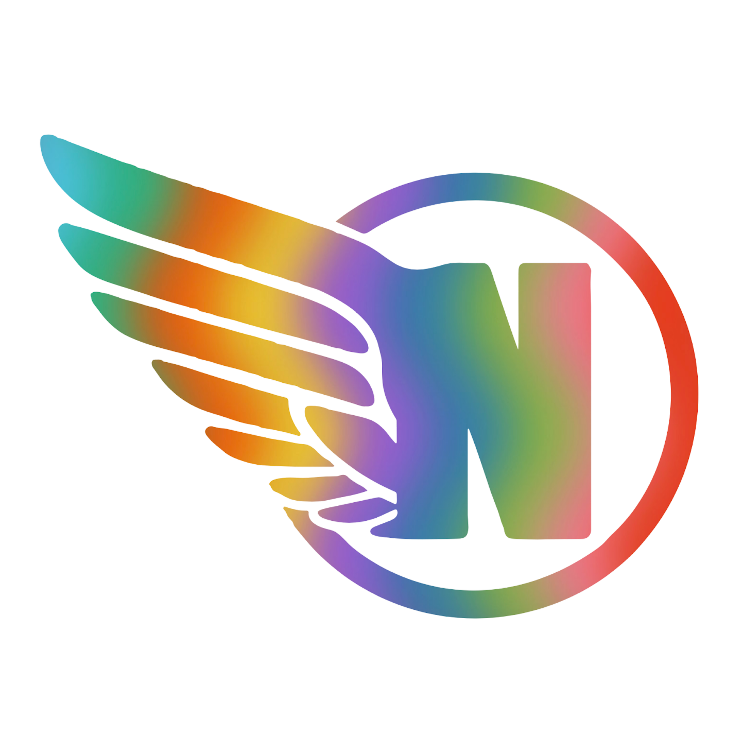 A stylized rainbow-colored wing and letter 'N' inside a circle logo.