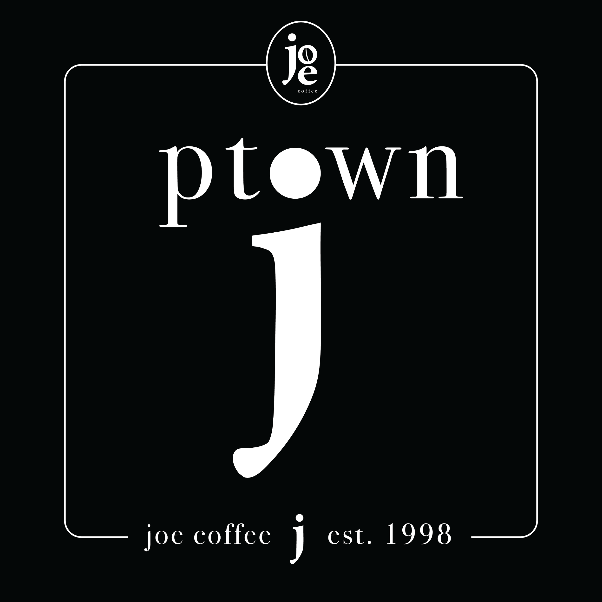 A black and white logo for Joe Coffee's Ptown J, established in 1998, featuring a stylized letter J in the center, with the words Joe Coffee and Ptwn J around it.