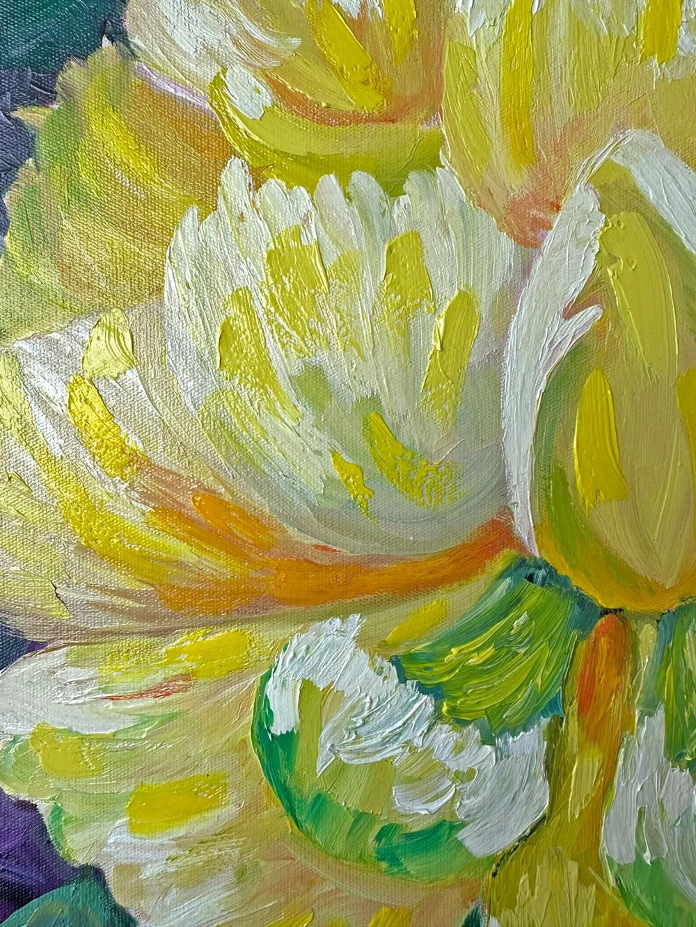Flowers of Sunshine is a 40cm x 40cm oil painting of a bright abstract yellow flowers, painted by Australian artist Cassie Holmes