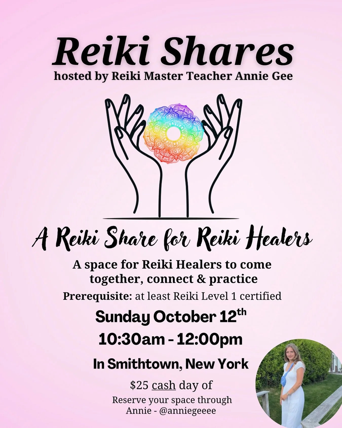 Reiki Healers 🌿✨
Let&rsquo;s come together for a morning of connection, practice, and energy flow.

💫 Reiki Shares hosted by me, Reiki Master Teacher Annie Gee
📅 Sunday, October 12th 
⏰ 10:30am &ndash; 12:00pm
📍 Smithtown, NY (address will be sen