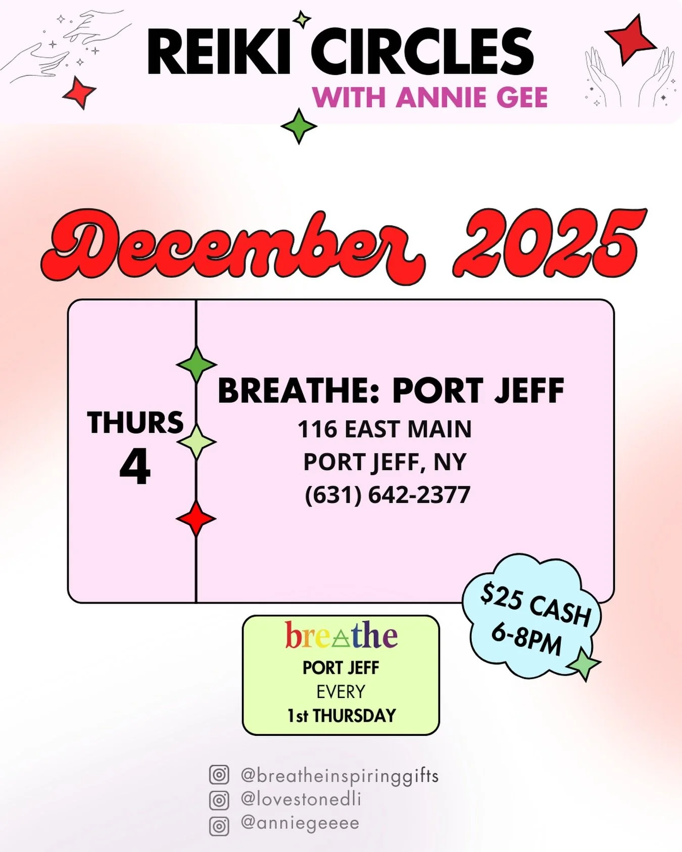 December is only a handful of days away ✨
A month to reflect, release, and gently close out everything this Year 9 has helped you move through&hellip; while cozying into the holiday season. 🎄🤍

Join me for a grounding Reiki Circle in Port Jefferson