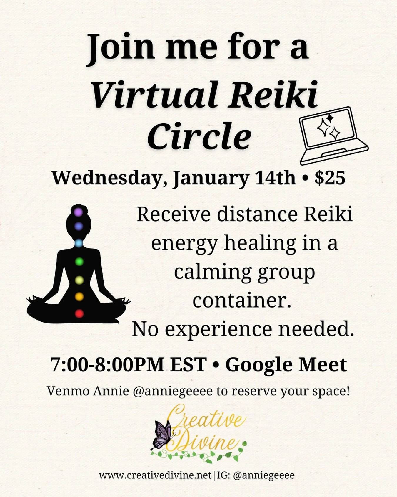 Reiki is an ancient Japanese energy healing modality, using gentle hands-on or hands-off techniques to support balance within the body, mind, and nervous system through universal life force energy. 🌿

Join me for a Virtual Reiki Circle and receive d