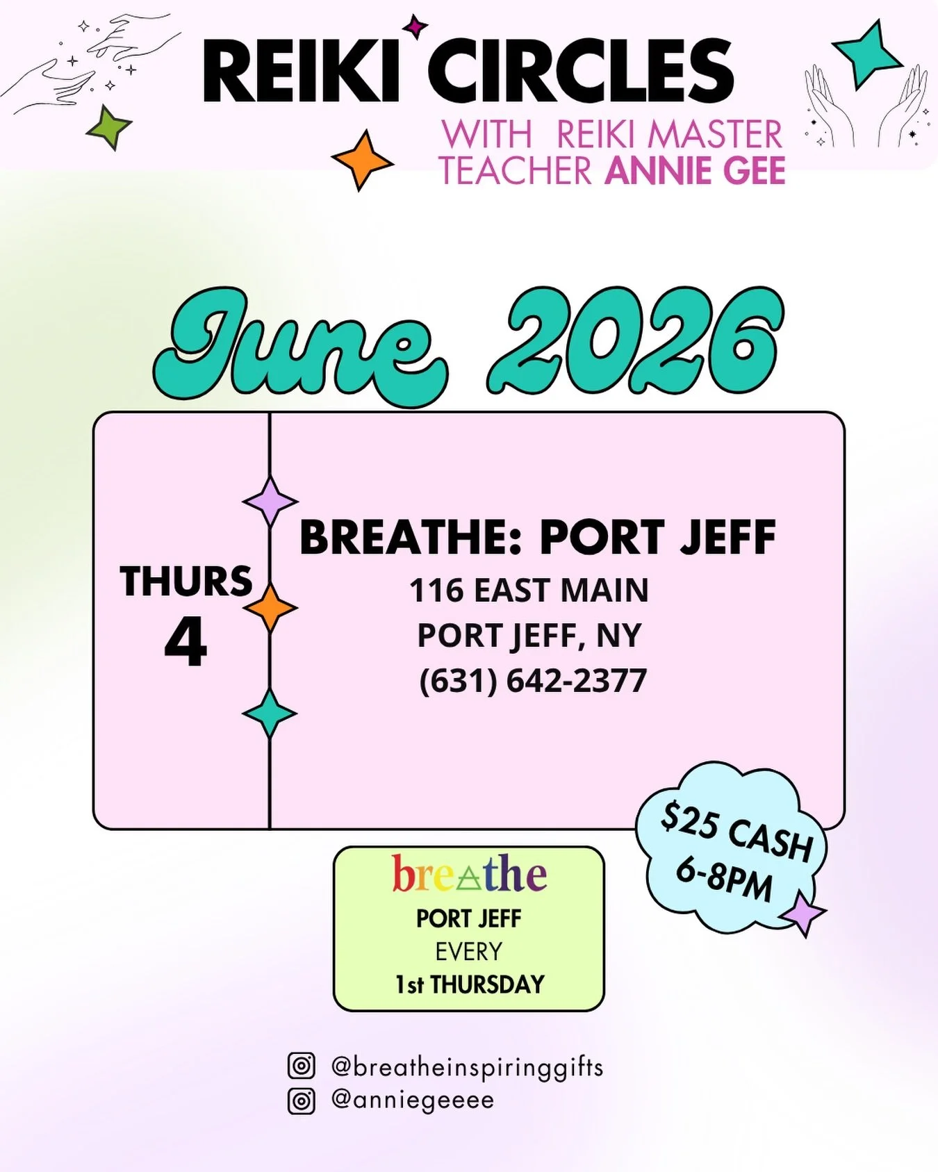 Join me in Port Jefferson on June 4th for a Reiki Circle at Breathe (@breatheinspiringgifts), centered around Gemini season ♊️ &mdash; a time of communication, curiosity, connection, and flowing with life&rsquo;s changes while remaining connected to 