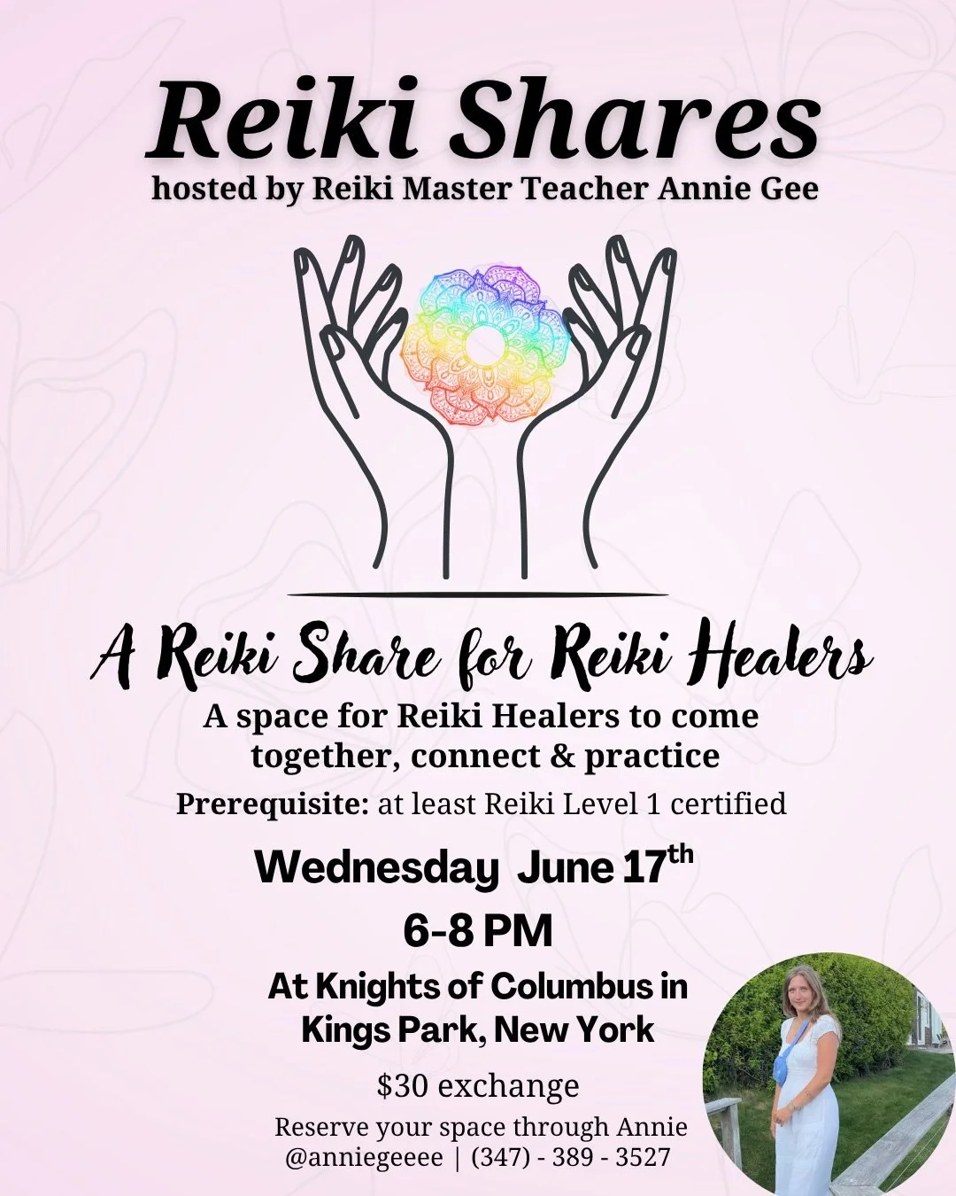 Long Island Reiki Healers 🌿✨

Let&rsquo;s gather together for an evening of connection, practice, and positive healing energy flow. 🤲🏻

💫 Reiki Shares hosted by Reiki Master Teacher Annie Gee
📅 Wednesday, June 17th
⏰ 6:00&ndash;8:00 PM
📍 Kings 