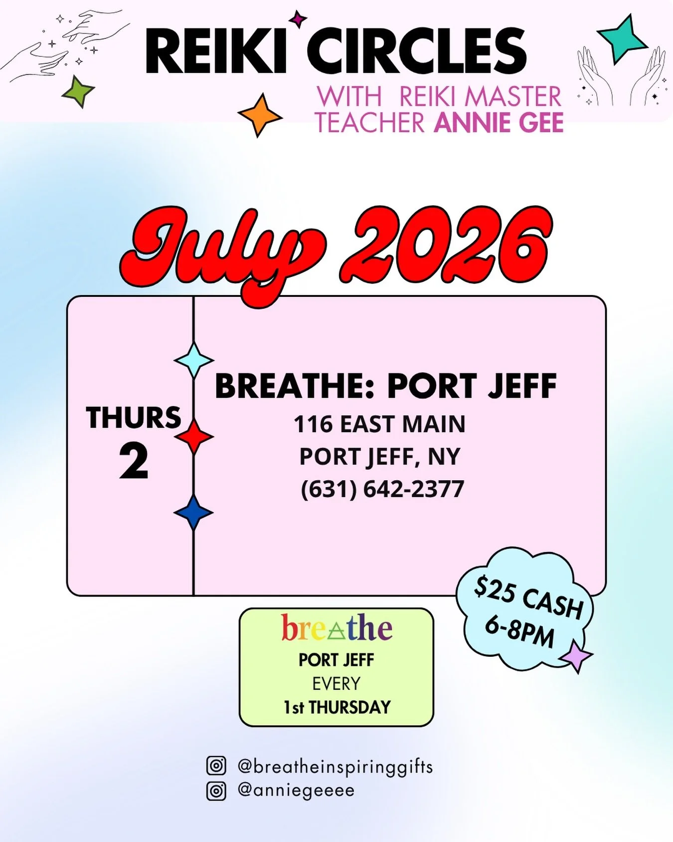 ***Rescheduled to July 9th***

Join me in Port Jefferson on Thursday, July 2nd for a Reiki Circle at Breathe (@breatheinspiringgifts), centered around Cancer season ♋️ &mdash; a time of coming home to yourself, honoring your emotions, and creating th
