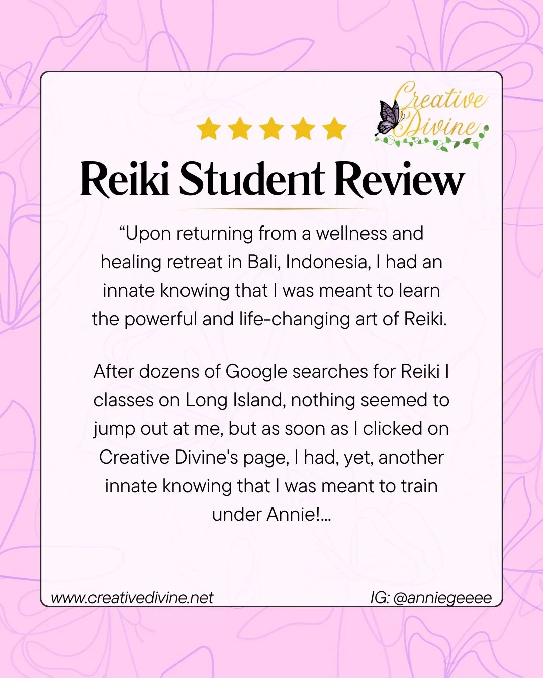 Thank you Lindsay for the authentic feedback on your  Reiki Level 1 &amp; 2 Certification Trainings! 🤲🏻

&ldquo;&hellip;Discover how you, too, (reader) can make the world a more wonderful place by learning and practicing Reiki!&rdquo; 🌎❤️✨

Messag