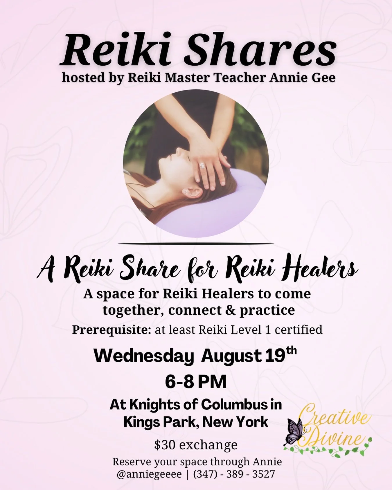 Long Island Reiki Healers 🌿✨

Let&rsquo;s gather together for an evening of connection, practice, and positive healing energy flow. 🤲🏻

📅 Wednesday, August 19th 
⏰ 6:00&ndash;8:00 PM
📍 Kings Park, NY at Knights of Columbus
💵 $30 exchange (cash 