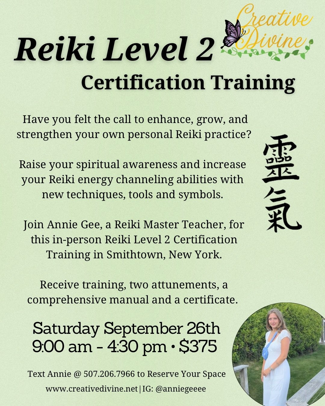 I have 2 student spaces left for my Reiki Level 2 Certification Training that&rsquo;s on Saturday September 26th from 9:00am - 4:30 pm in Smithtown, New York. 🤲🏻✨

Reiki, which means &ldquo;universal life force&rdquo; energy, is a natural form of h