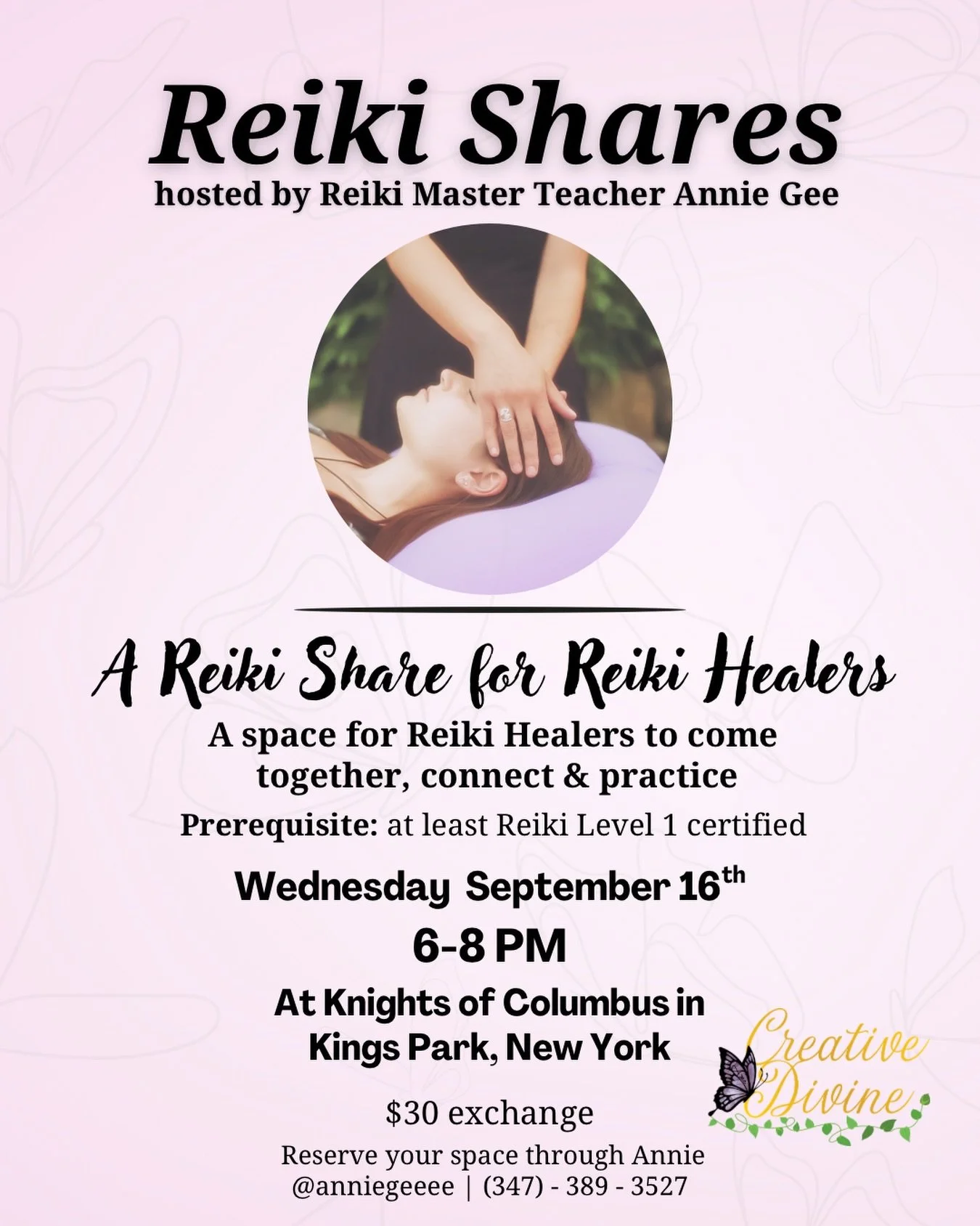 Long Island Reiki Healers 🌿✨

Let&rsquo;s gather together for an evening of connection, practice, and positive healing energy flow. 🤲🏻

📅 Wednesday, September 16th 
⏰ 6:00&ndash;8:00 PM
📍 Kings Park, NY at Knights of Columbus
💵 $30 exchange (ca