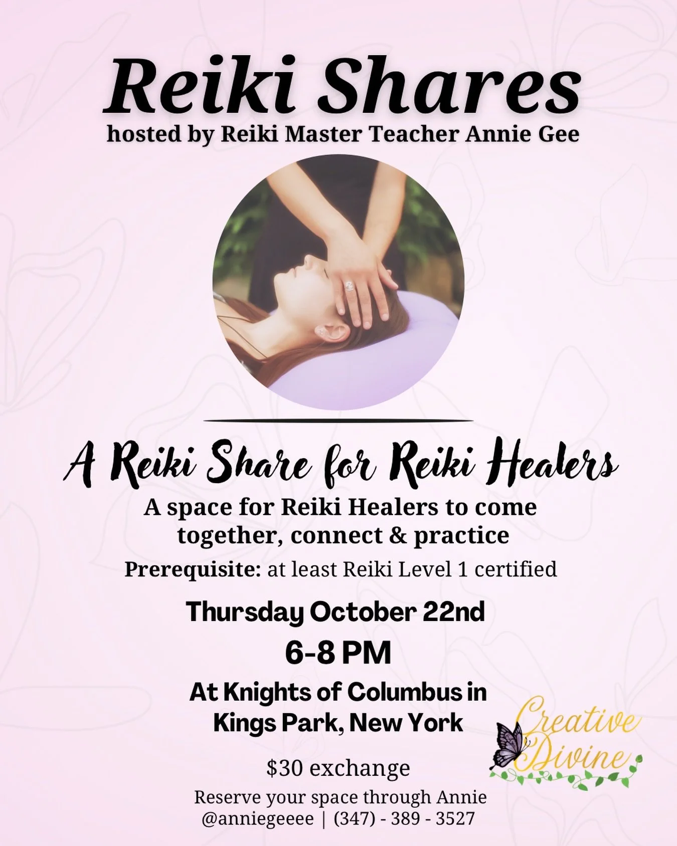 Long Island Reiki Healers. 🎃✨

Let&rsquo;s gather together for an evening of connection, practice, and positive healing energy flow. 🤲🏻

📅 Thursday, October 22nd 
⏰ 6:00&ndash;8:00 PM
📍 Kings Park, NY at Knights of Columbus
💵 $30 exchange (cash