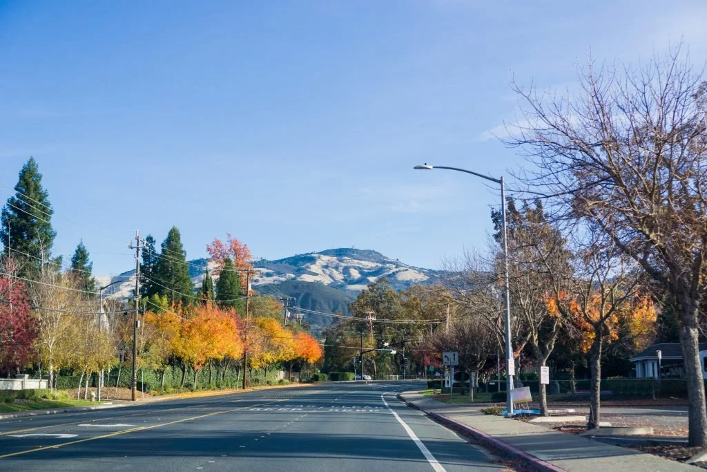 Empty suburban street in autumn with colorful trees, power lines, and a mountain in the background under a clear blue sky.