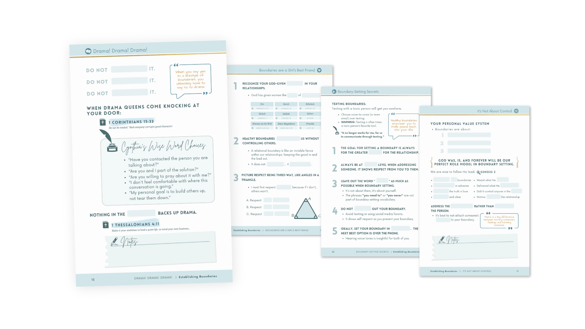Three pages of educational worksheets about boundaries with tips, quotes, and notes, featuring headers like "Drama! Drama! Drama!" and "Establishing Boundaries," including checklists, diagrams, and highlighted tips.