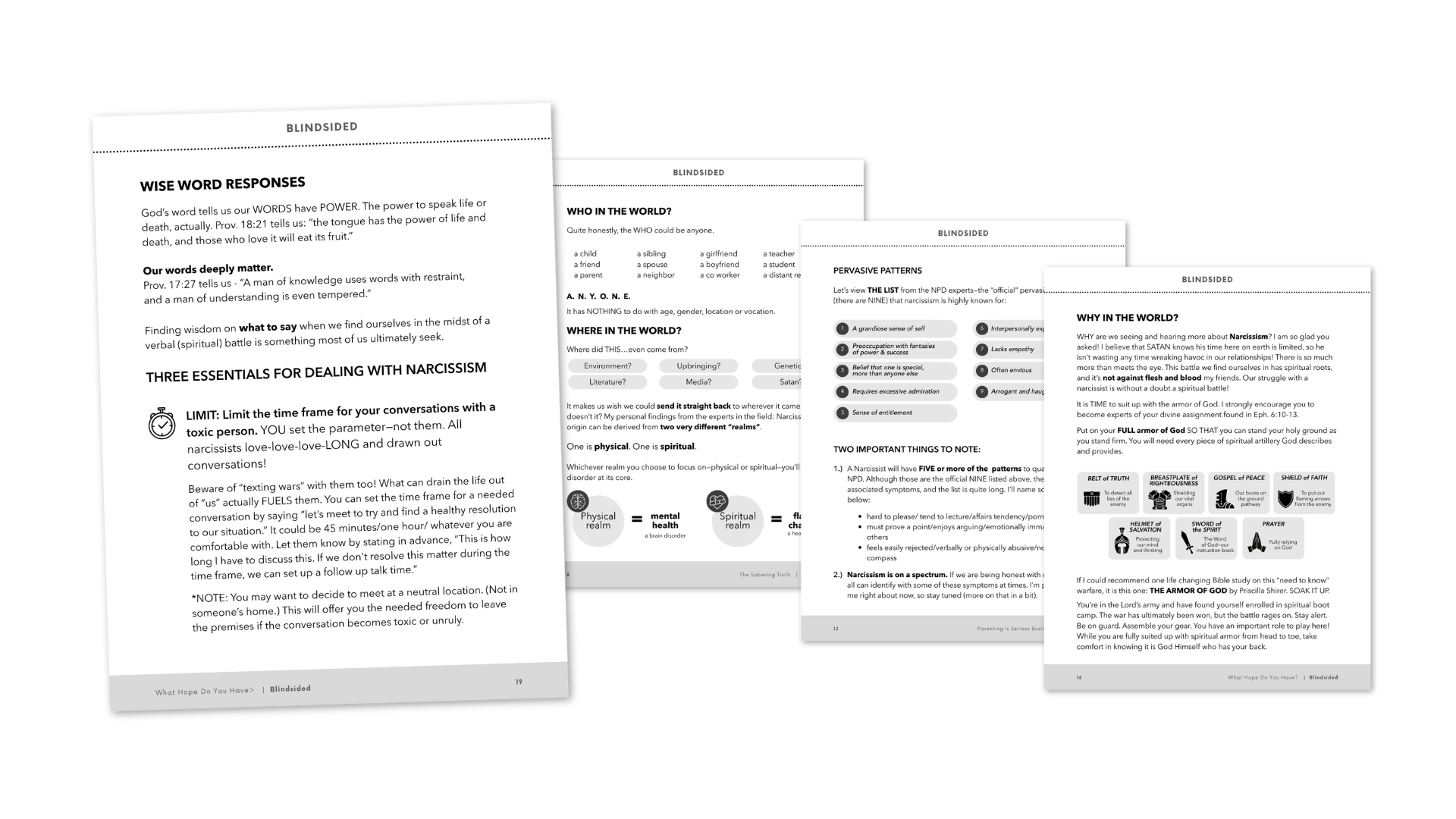 Four supposed pages from a booklet or pamphlet, with text related to spiritual or religious topics, including wisdom responses, discussion about narcissism, and patterns of behavior.