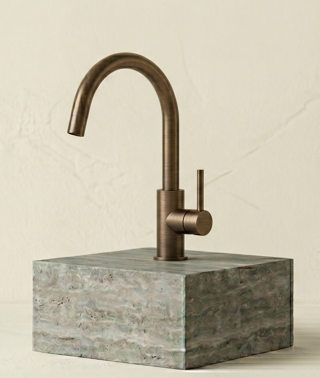 Modern metallic kitchen faucet mounted on a marble countertop with a plain off-white wall in the background.