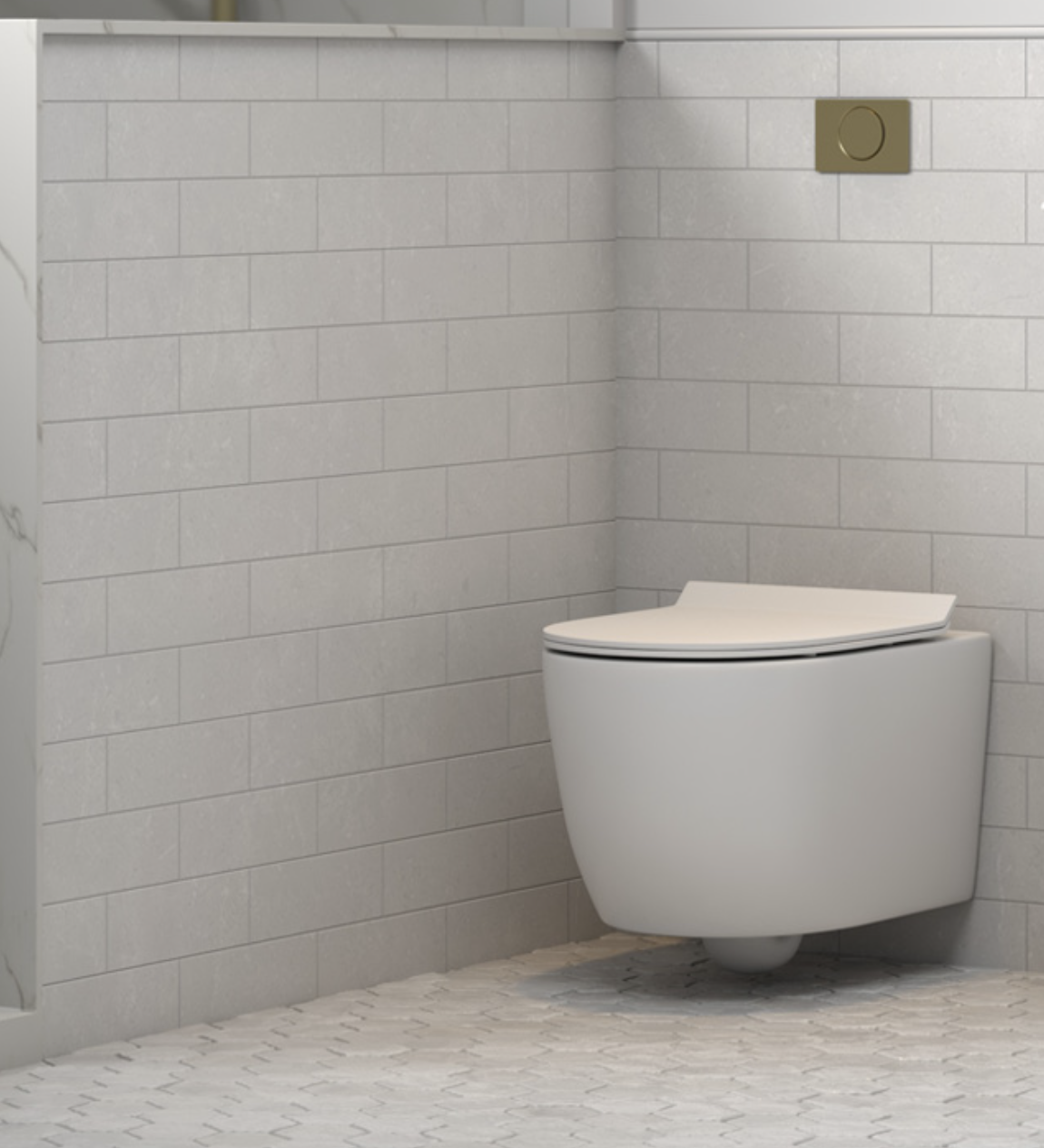 Modern toilet in a minimalist bathroom with gray tile walls and hexagonal floor tiles.
