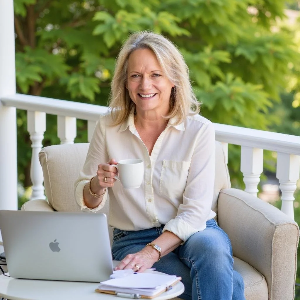 A smiling middle-aged woman with blonde hair, wearing a white shirt and blue jeans, sitting on a beige outdoor sofa on a balcony with white balustrades. She is holding a white mug and has a silver laptop and some papers in front of her. Green trees in the background.