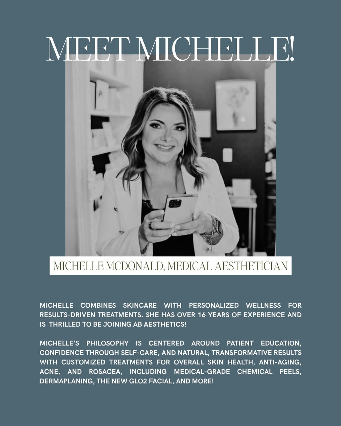 Please welcome Michelle to the AB Aesthetics team! We&rsquo;re so excited to continue to serve all of our patients with compassionate, elevated skincare and wellness services and she brings a wealth of knowledge to our practice. 🤍