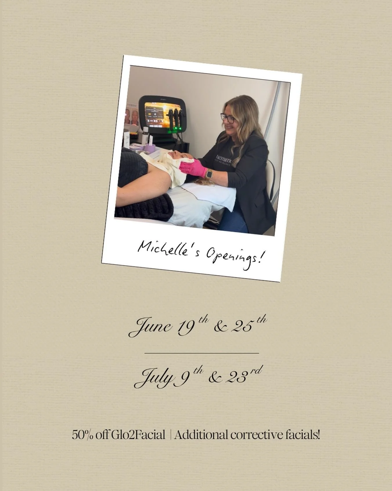 Michelle only has a few spots available for June &amp; July! If you&rsquo;re looking for glowing skin + have any skin concerns you&rsquo;d like to address with a seasoned specialist, now is the time to schedule while she&rsquo;s still running special