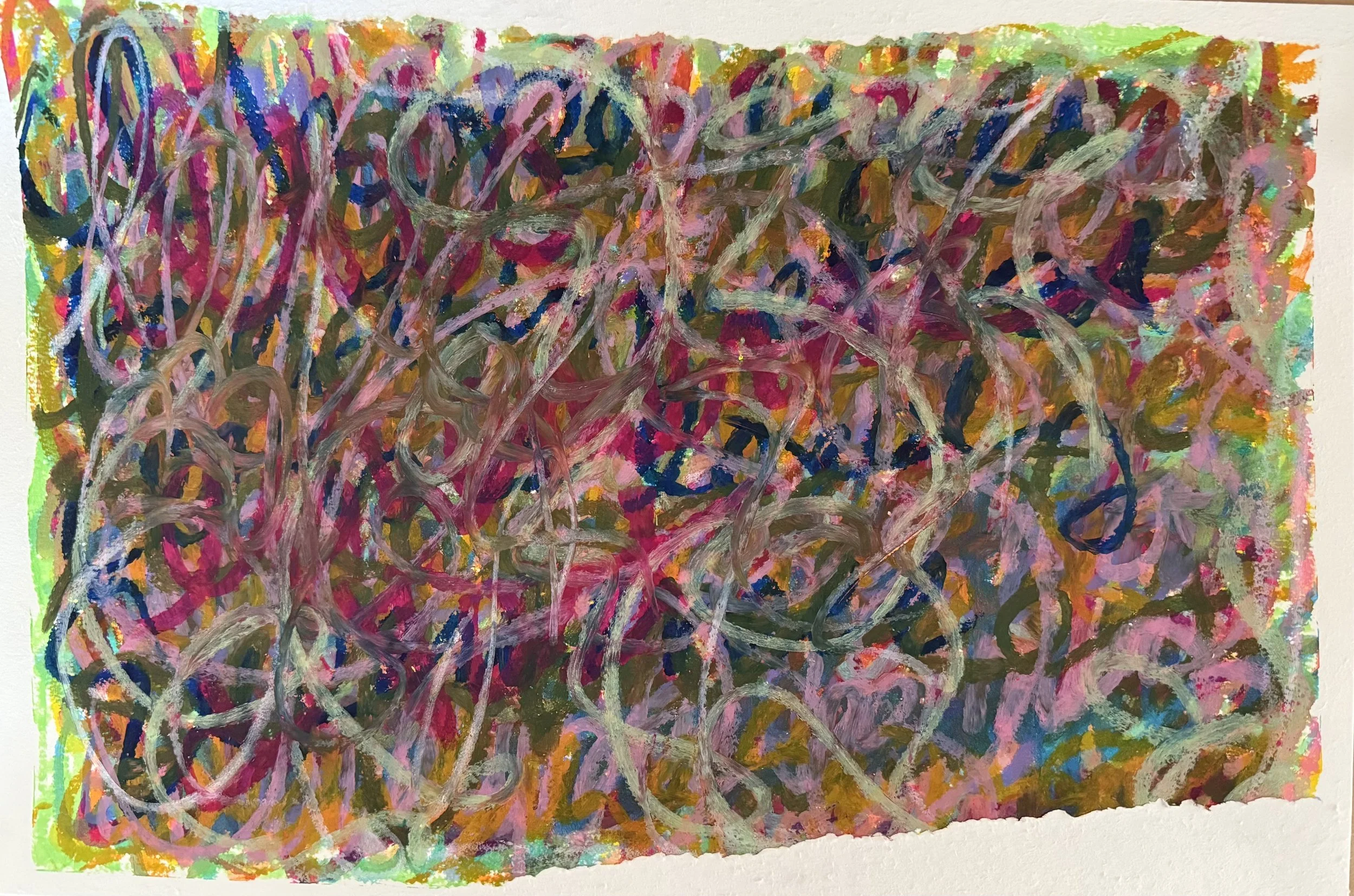 Cristy Cash shares a finished example of an arts-based free journaling process. She has used tempera paint sticks to journal over and over until the page is filled with colors.
