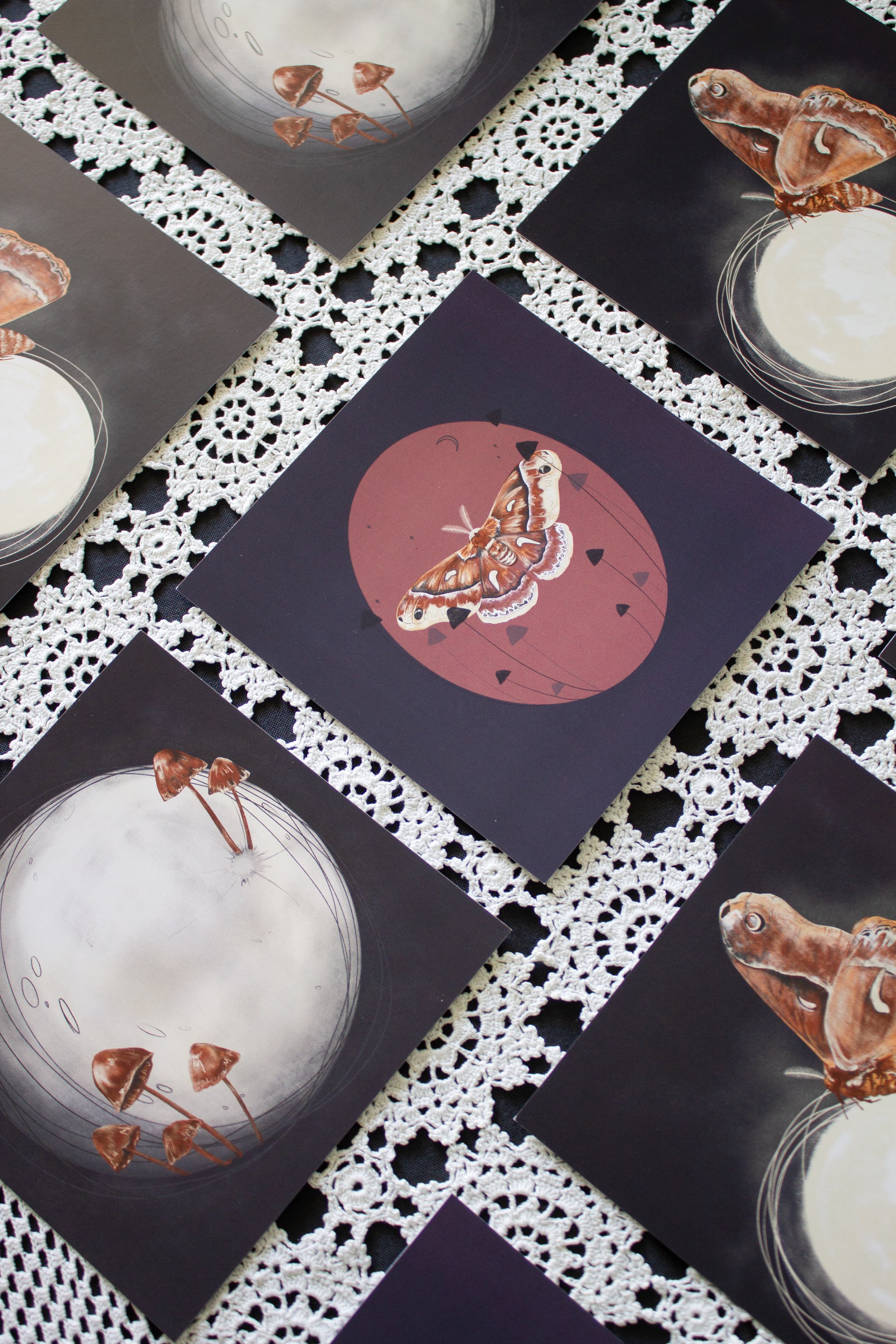 A series of postcards featuring the moon, mushrooms & moths laid out on top of a lace cloth