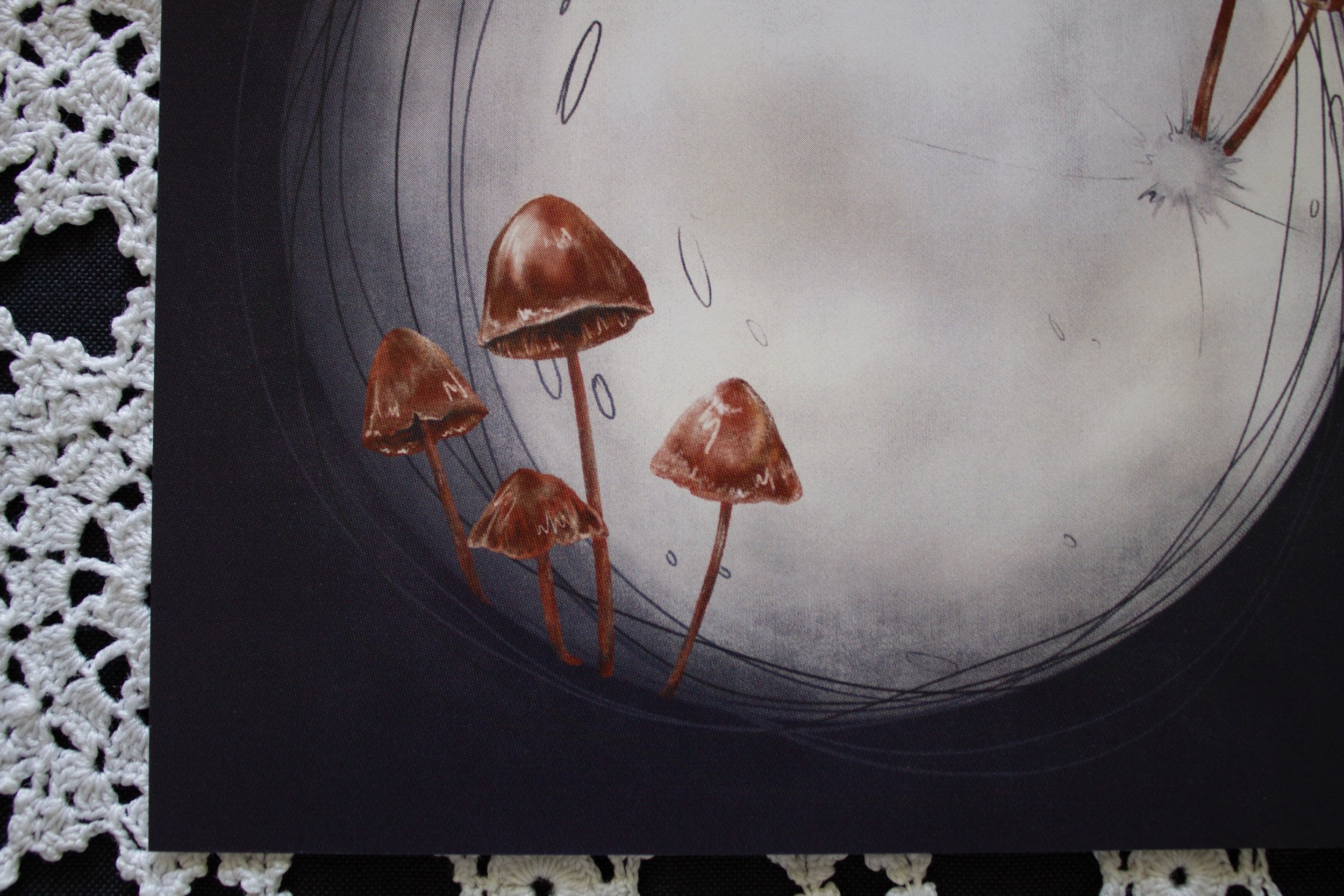 An illustration of mushrooms growing out of the moons surface