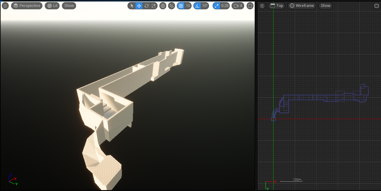 The very first draft of Level 1 in-engine. Level 1 did have some changes to it throughout development, but they were more so additive compared to what happened with Level 2.