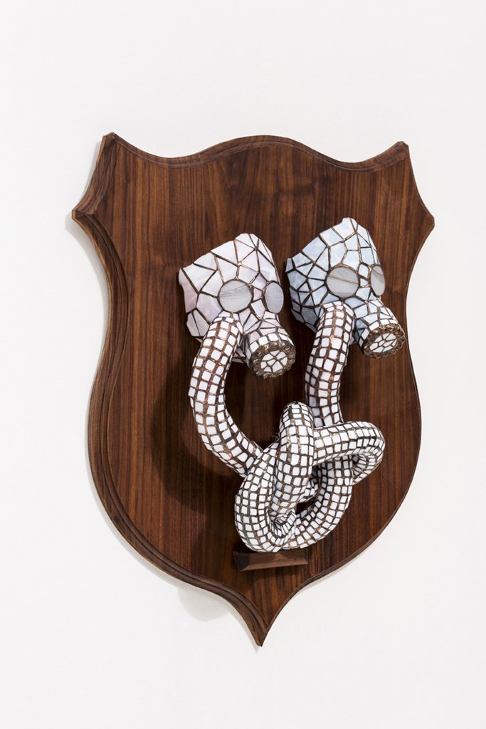 Twofold, 2013, 26”x20”x8”, copper-foiled glass, solder, black walnut