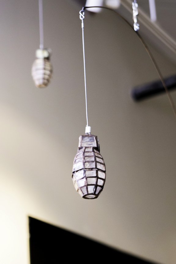 Away We Go (Detail), 2013, 58"x60"x60", glass, copper foil, lead, steel, disco ball motor