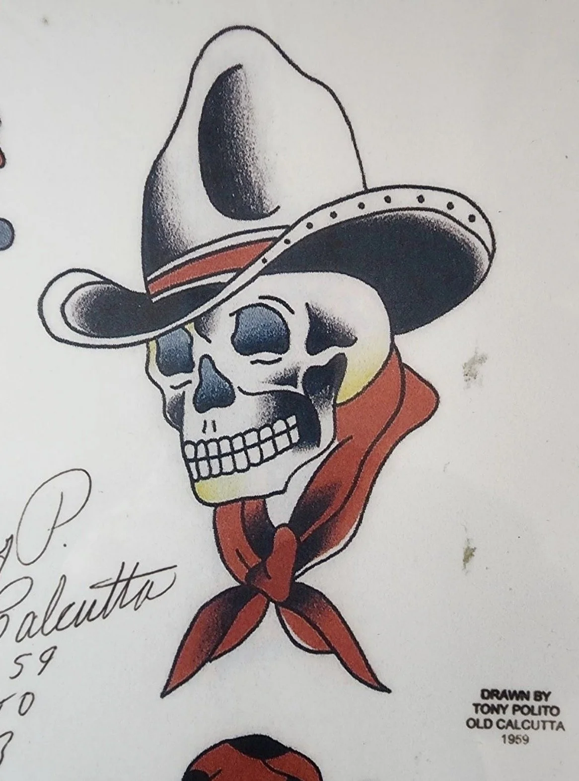 Tony Polito cowboy skull flash tattoo design featuring a grinning skull wearing a classic western hat, bold outline, American traditional tattoo style. Iconic Tony Polito skull tattoo artwork with strong contrast, clean linework, and vintage flash