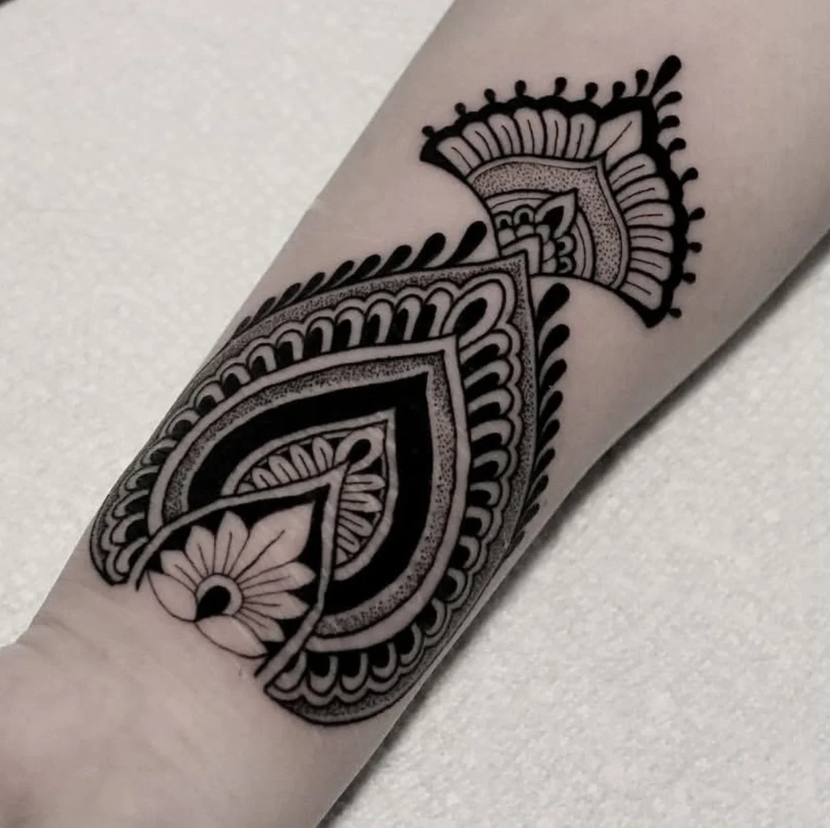 Mandala geometric sacred geometry patterns done by Olivia Darling tattooer at Rose Tattoo Point Loma San Diego California women’s fashion arm tattoo cover up
