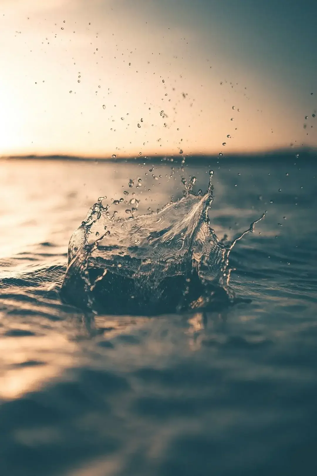Close-up of a splash in the water with droplets around, during sunset or sunrise.