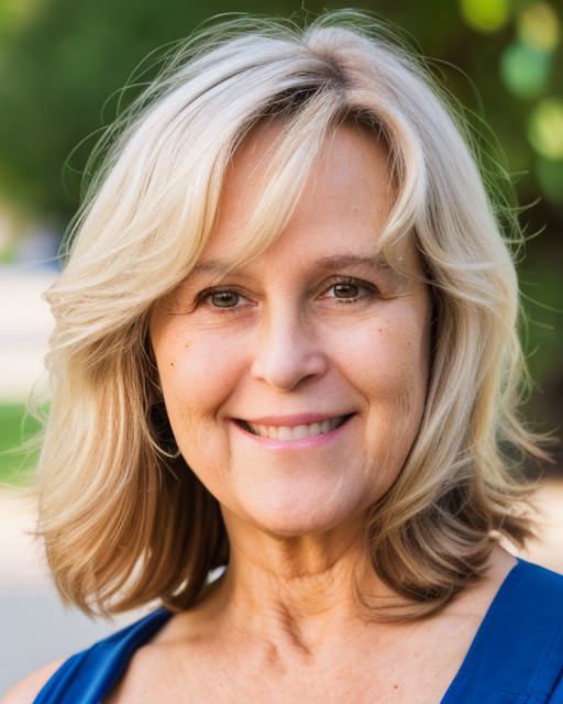Close-up portrait of smiling middle-aged woman with blonde hair and blue top outdoors.