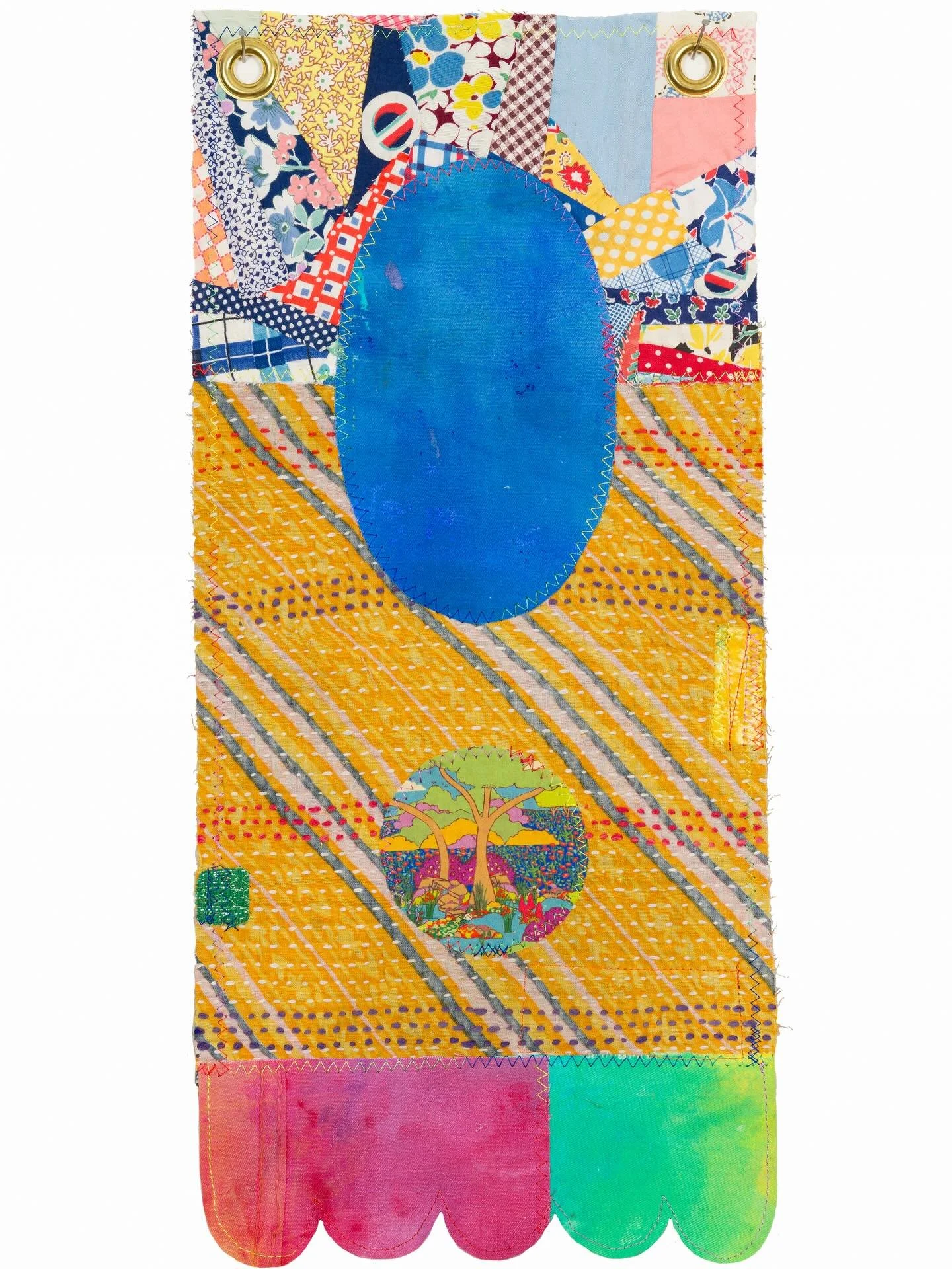 &ldquo;Freq Flag No. 15&rdquo;. 18&rdquo; x9&rdquo;, reclaimed textiles, acrylic paint. Come see this piece and a host of other intriguing, beautiful, textural fiber art pieces by 13 local fiber artists in Imogen&rsquo;s annual fiber art group show, 