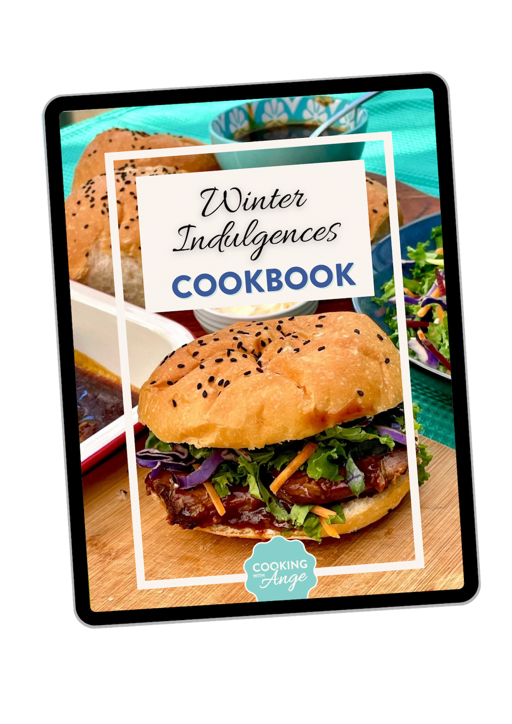 Winter Indulgences Cookbook cover with a sandwich featuring a beef patty and fresh vegetables in a bun with sesame seeds.