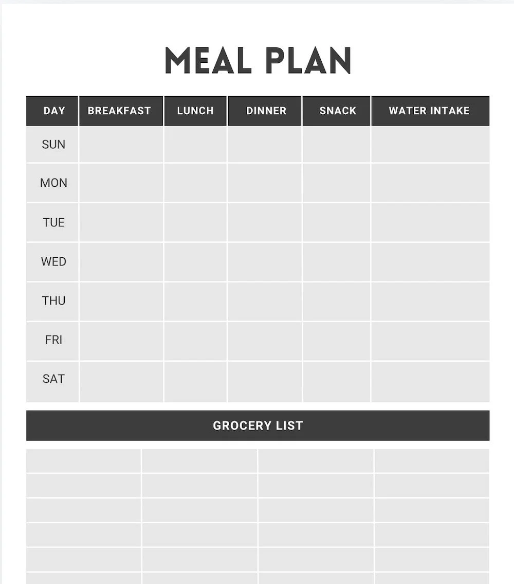 Blank weekly meal plan template with sections for each day of the week, listing breakfast, lunch, dinner, snack, and water intake, along with a grocery list area.