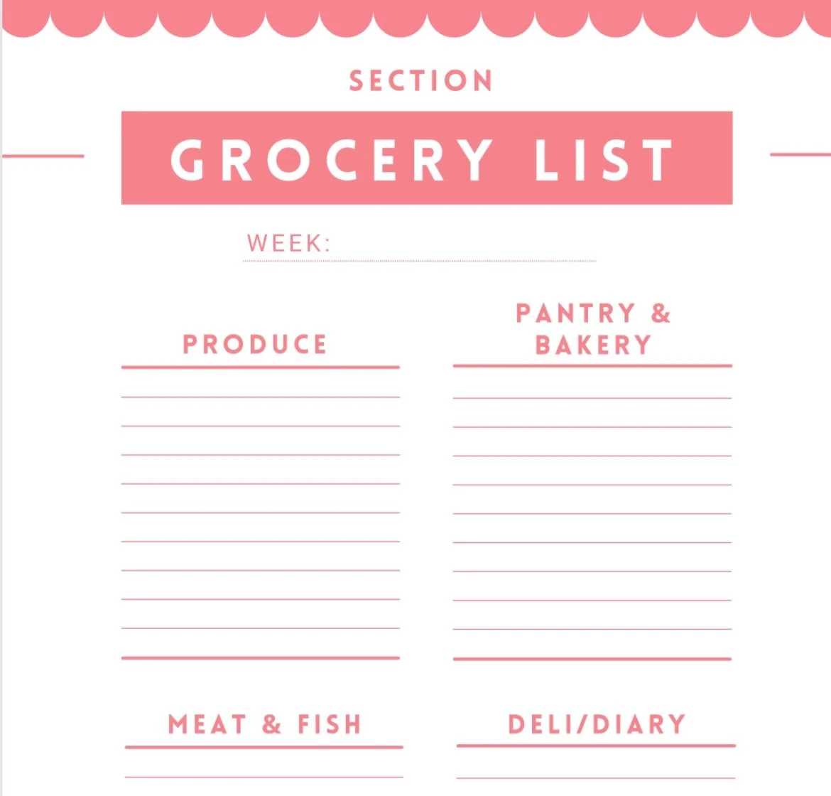 Grocery list template with sections for produce, pantry & bakery, meat & fish, and deli/dairy. Includes space for writing and a weekly section. Designed in pink and white.