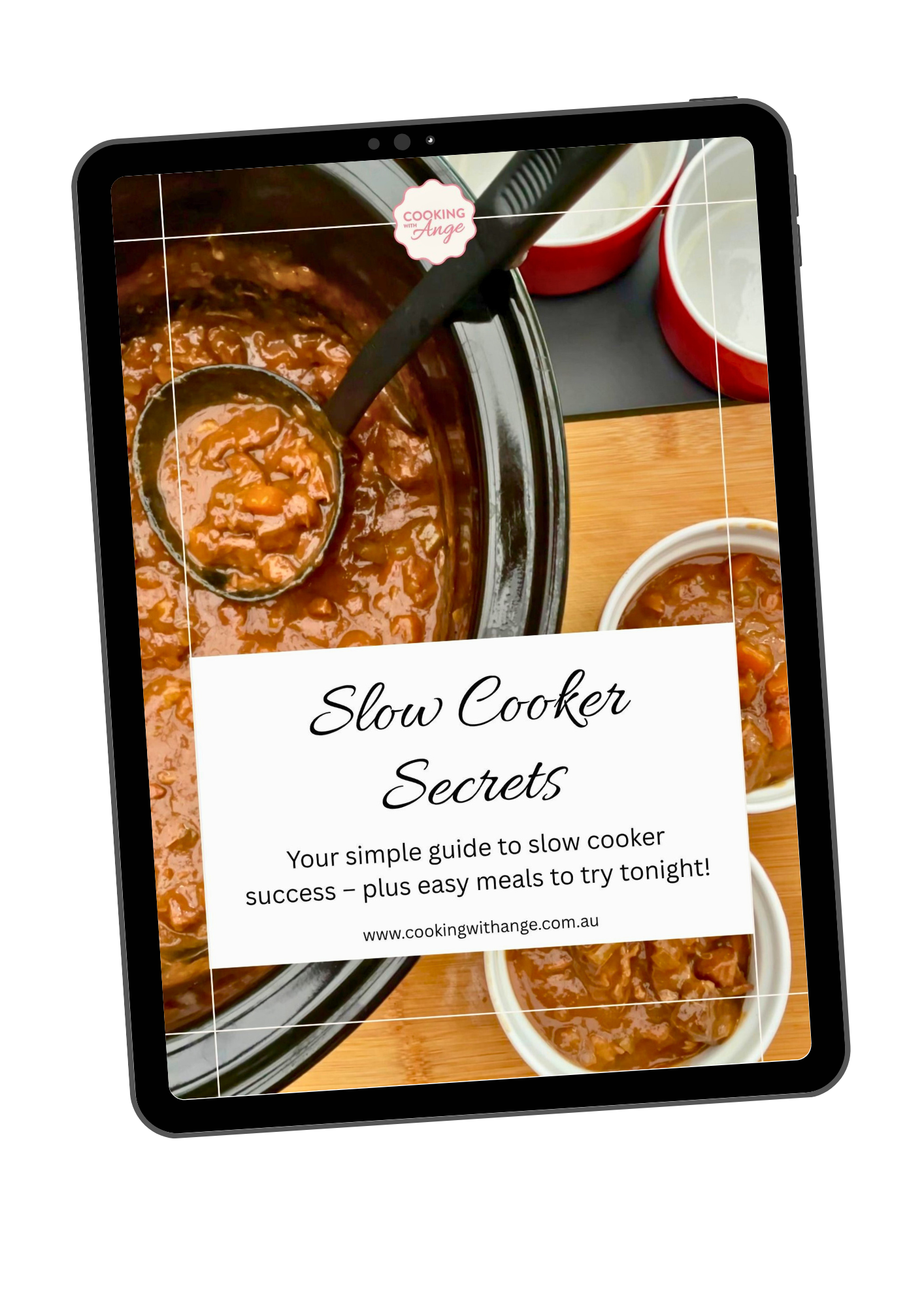 Cover of a booklet titled 'Slow Cooker Secrets' with a photo of a slow cooker filled with stew and bowls of stew on a wooden surface.