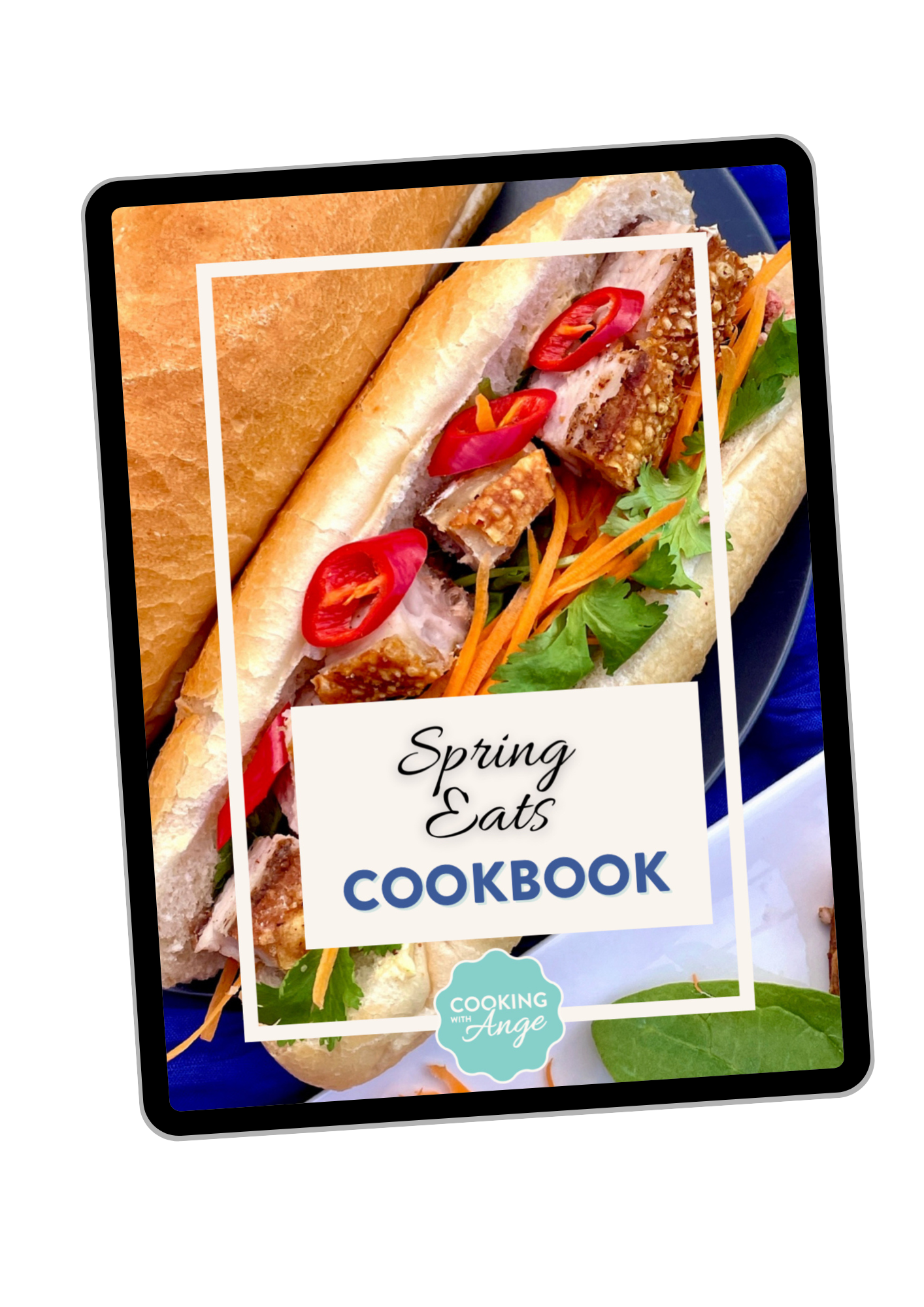 A digital cookbook cover titled 'Spring Eats Cookbook' featuring a close-up of a bánh mì sandwich with bread, sliced peppers, carrots, cilantro, and crispy pork on a blue background.