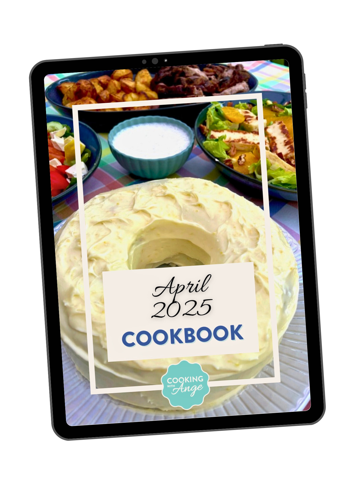 Cover of a digital cookbook titled 'April 2025 Cookbook' with a large bowl of potato salad on the cover and assorted food dishes in the background.