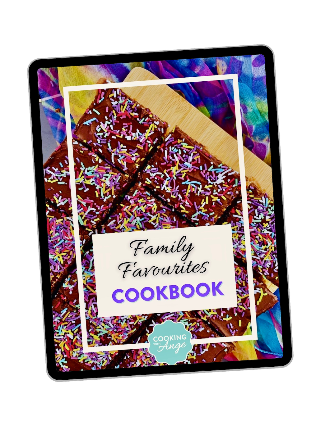 "Family Favourites Cookbook" cover with chocolate coconut slice, topped with colourful sprinkles on a tablet screen.