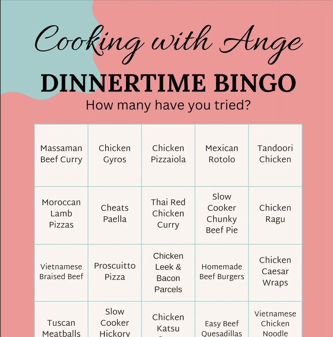 Dinnertime Bingo card with 25 dinner recipes to cook